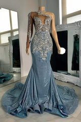 Long sleeves Silver Dusty Blue Shiny Court Train Beaded Prom Dresss-Ballbella