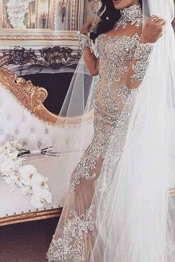 Long Sleeves Silver High Neck Popular Evening Dress Lace Mermaid Luxurious Wedding Dresses Long Sleeves Silver High Neck Popular Evening Dress Lace Mermaid Luxurious Wedding Dresses