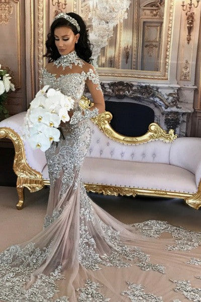 Long Sleeves Silver High Neck Popular Evening Dress Lace Mermaid