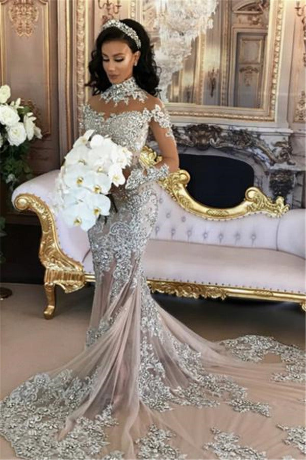 Long Sleeves Silver High Neck Popular Evening Dress Lace Mermaid Luxurious Wedding Dresses-Ballbella