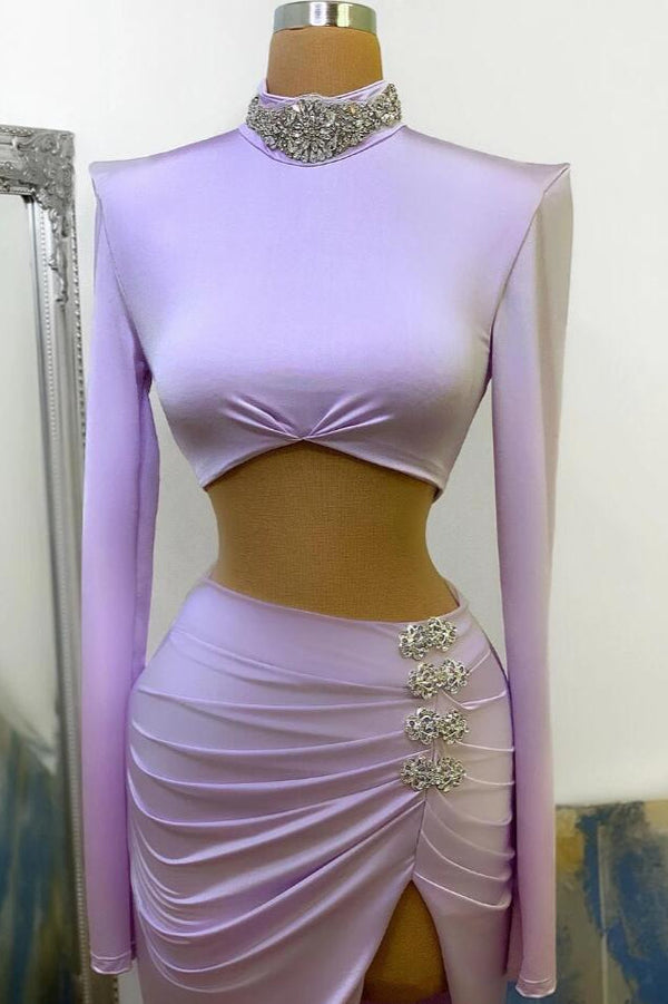 Long Sleeves Small Round Collar Prom Dress Purple Beaded Long Chiffon Long Sleeves Small Round Collar Prom Dress Purple Beaded Long Chiffon
