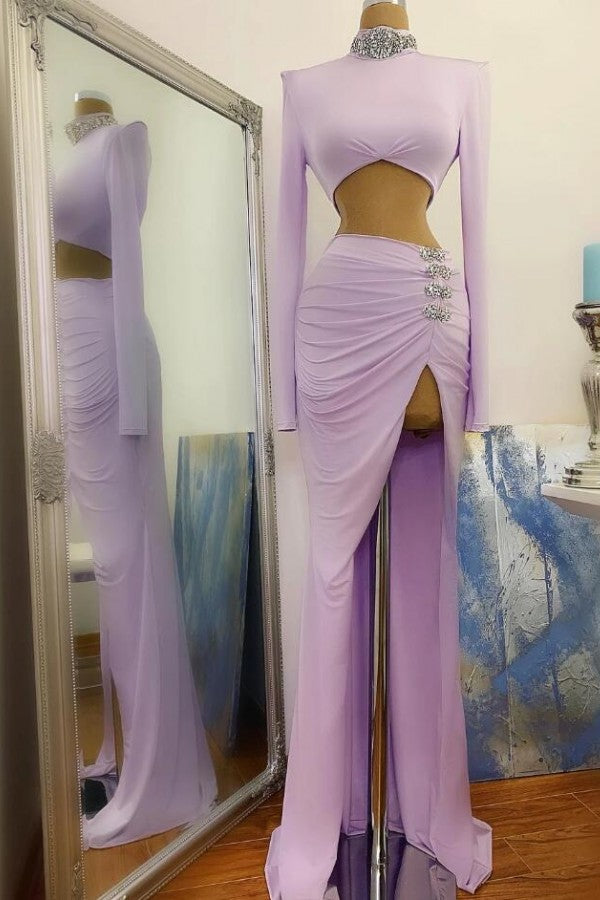 Long Sleeves Small Round Collar Prom Dress Purple Beaded Long Chiffon-Ballbella