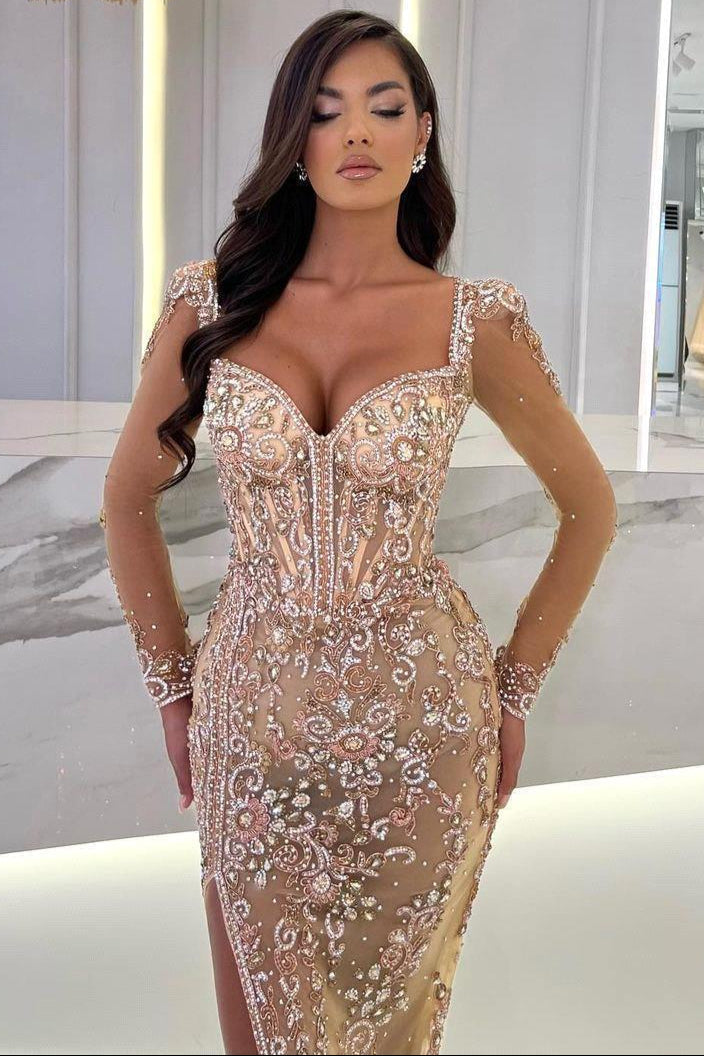 Long sleeves Sparkle Beaded Mermaid High Split Sweetheart Overskirt Prom Dresses-Ballbella
