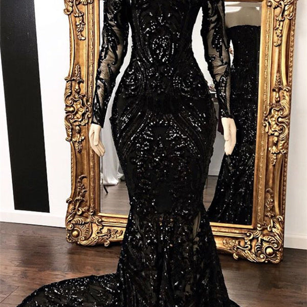 Long Sleeves Strpless Mermaid Prom Dress Black Sequins Long – Ballbella