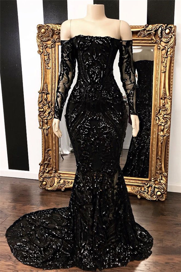 Long Sleeves Strpless Mermaid Prom Dress Black Sequins Long-Ballbella