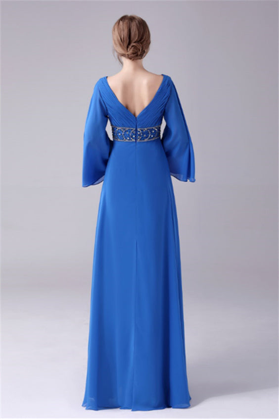 Long sleeves V-neck Ankle-length Backless beading mother's dress-Ballbella