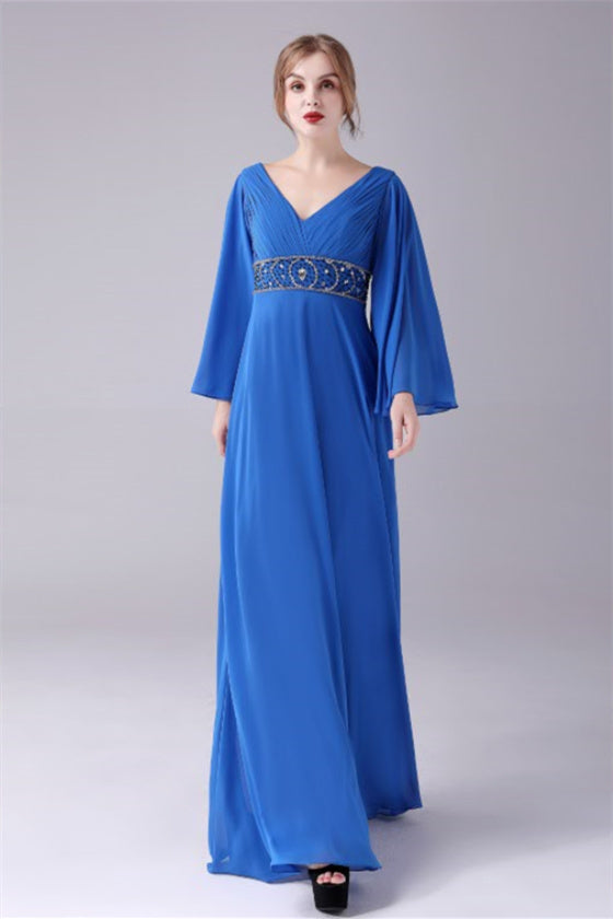 Long sleeves V-neck Ankle-length Backless beading mother's dress-Ballbella