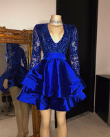 Long Sleeves V-Neck Lace Prom Dress Sequins Blue Short-Ballbella