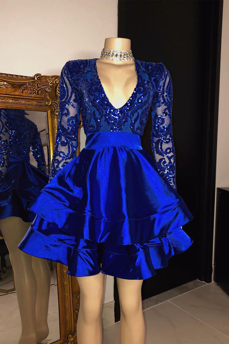 Long Sleeves V-Neck Lace Prom Dress Sequins Blue Short Ballbella Long Sleeves V-Neck Lace Prom Dress Sequins Blue Short Ballbella