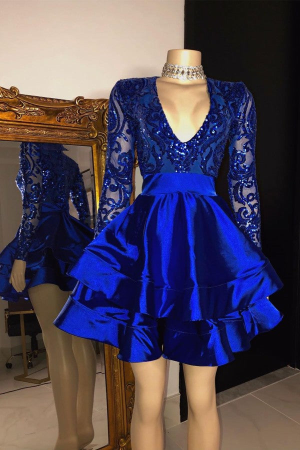 Long Sleeves V-Neck Lace Prom Dress Sequins Blue Short-Ballbella