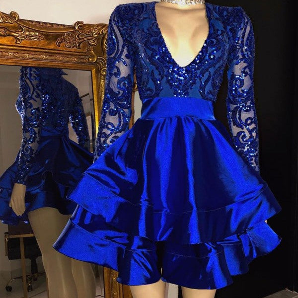 long sleeve short dress formal Long Sleeves V-Neck Lace Prom Dress Sequins Blue Short