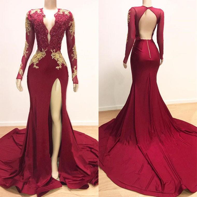 Long Sleeves V-neck Mermaid Prom Dress Red Sequins Long Chiffon-Ballbella
