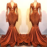 Long Sleeves V-neck Mermaid Prom Dress Sequins Gold Long Chiffon Lace-Ballbella