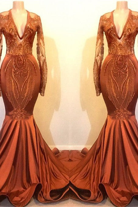Long Sleeves V-neck Mermaid Prom Dress Sequins Gold Long Chiffon Lace-Ballbella