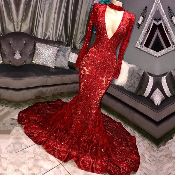 Long Sleeves V-neck Mermaid Prom Dress Sequins Long Chiffon Red Royal Blue-Ballbella