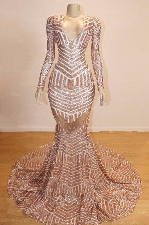 Long Sleeves V-neck Mermaid Prom Dress Sequins Long Chiffon-Ballbella