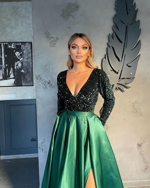 v neck sequin long sleeve dress Mermaid Chic Silver Backless Lone-Sleeves V-Neck Sequins Evening Dresses