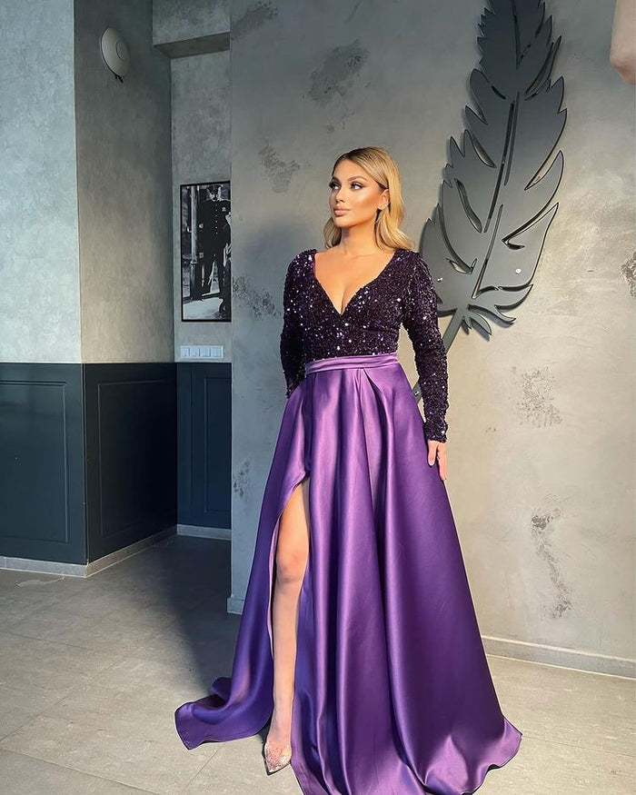V Neck Purple Prom Dresses With Sleeves Long Sleeves V-Neck Sequins Prom  Dress Long With