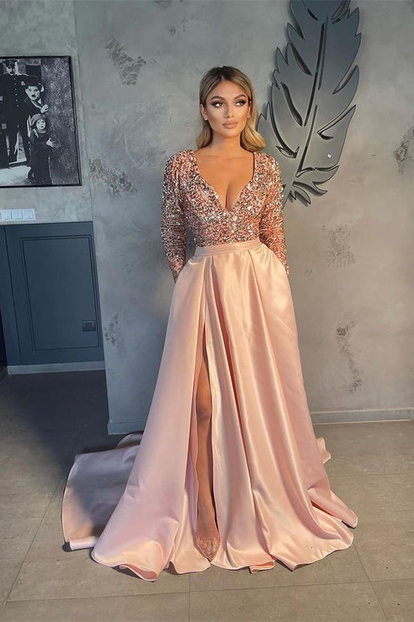 formal dress online stores Long Sleeves V-Neck Sequins Prom Dress Long With Slit Online