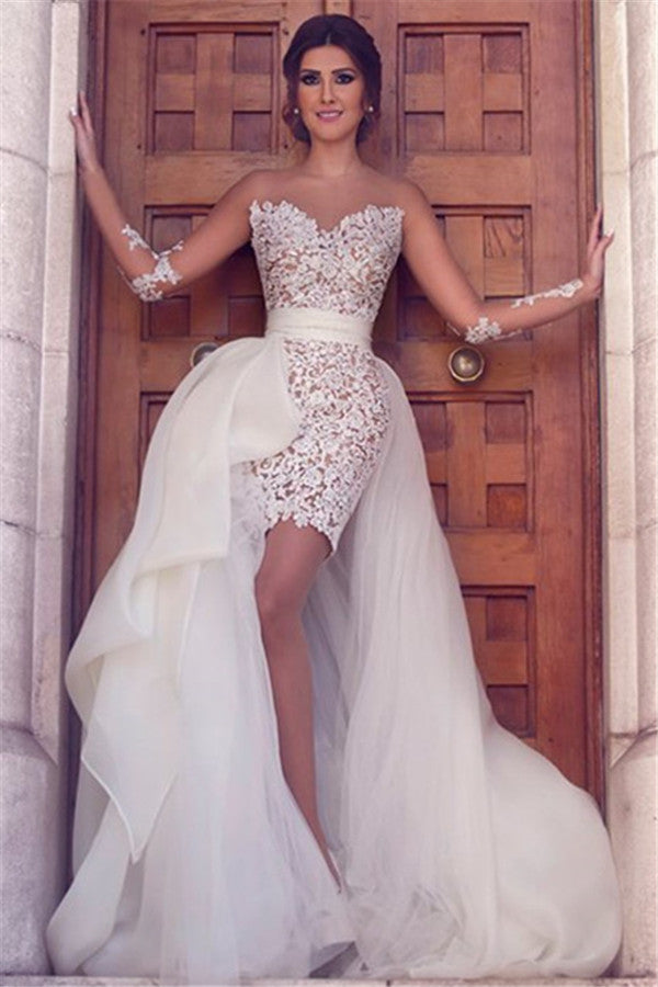 Long Sleeves Wedding Dress with Detachable Train Latest Short Lace Bridal Gown-Ballbella