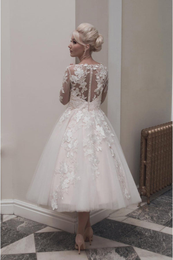 Long sleeves White Knee length Vintage Princess Wedding dresses-Ballbella