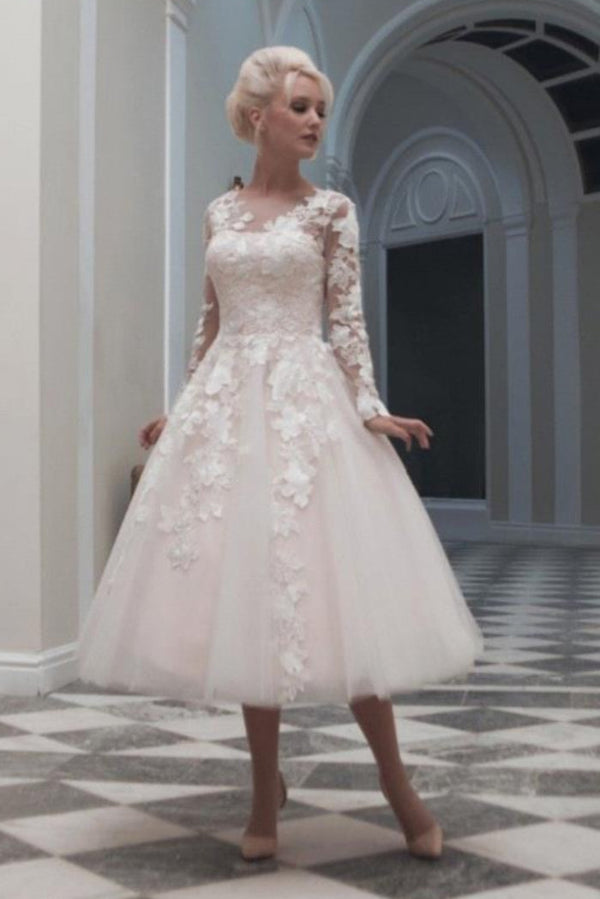 Long sleeves White Knee length Vintage Princess Wedding dresses-Ballbella