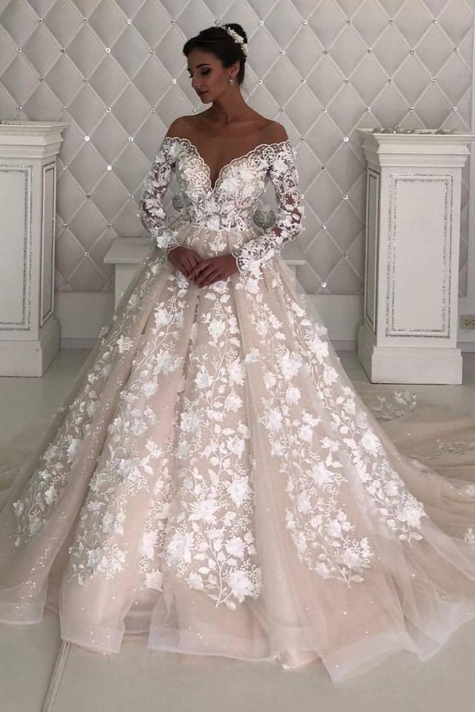 Long Sleevess A line Lace Designer wedding dresses with sleeves-Ballbella