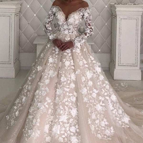 Long Sleevess A line Lace Designer wedding dresses with sleeves