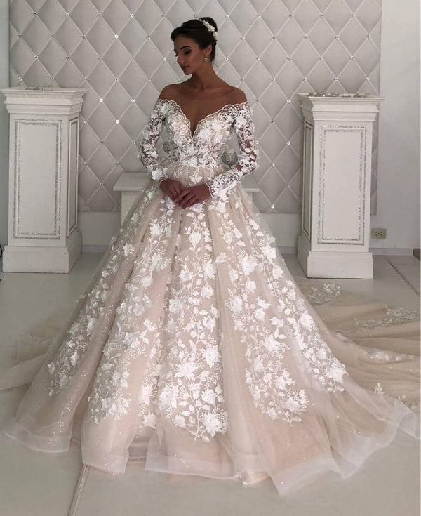 Wanna get a dress in Tulle, A-line style, and delicate Lace,Pearls work? We meet all your need with this Classic Long Sleevess A-line Lace Designer wedding dresses with sleeves at factory price.