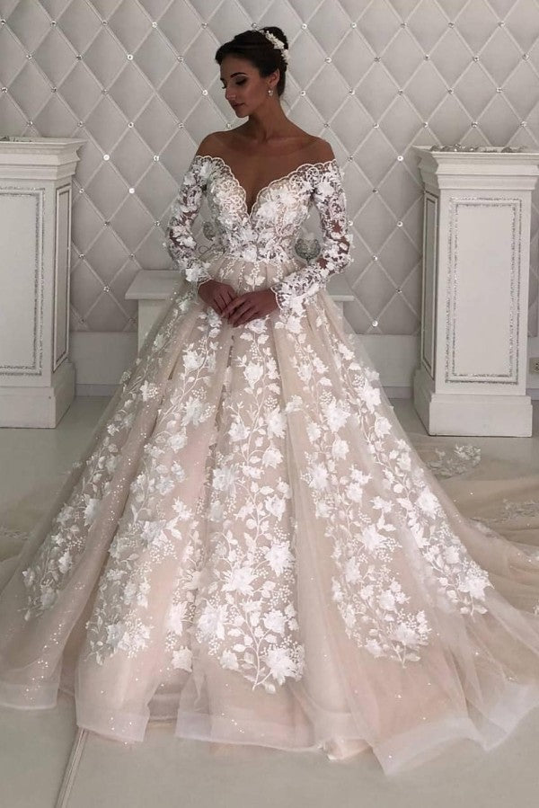 Wanna get a dress in Tulle, A-line style, and delicate Lace,Pearls work? We meet all your need with this Classic Long Sleevess A-line Lace Designer wedding dresses with sleeves at factory price.