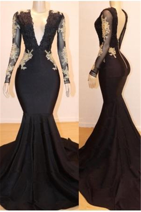 Long Sleevess Appliques Mermaid V-neck Long Prom Dresses-Ballbella
