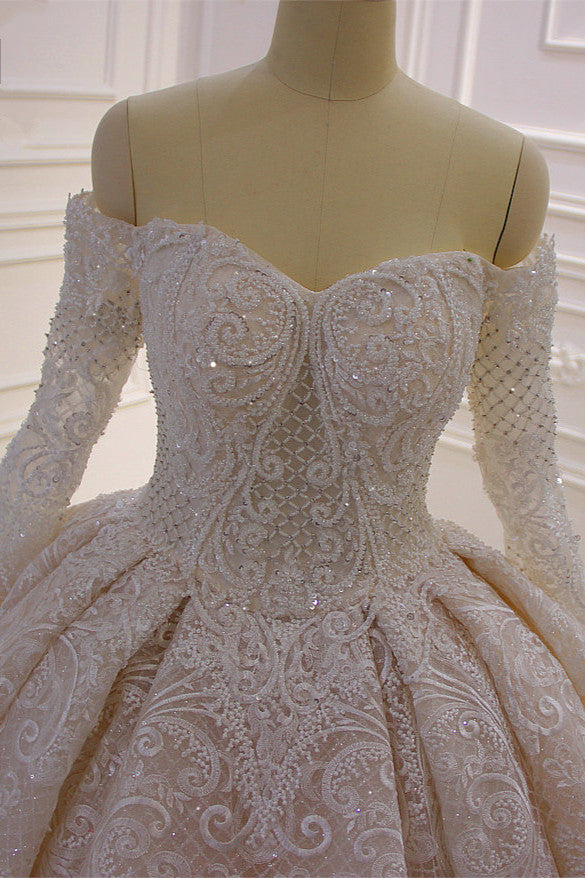 Long Sleevess Ball Gown Off the shoulder Sequins Wedding Dress-Ballbella