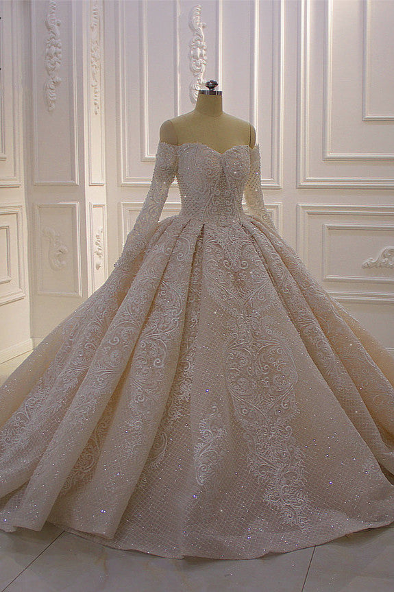 Long Sleevess Ball Gown Off the shoulder Sequins Wedding Dress-Ballbella