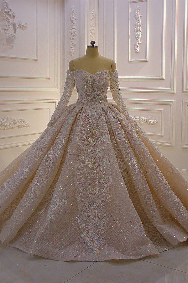 Long Sleevess Ball Gown Off the shoulder Sequins Wedding Dress-Ballbella