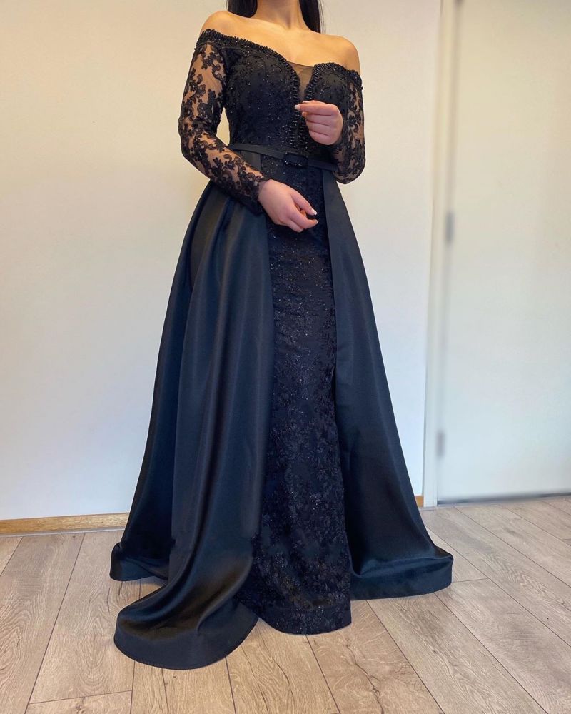 Ballbella offers Long Sleevess Black A-line off-the-shoulder Evening Dresses On Sale at an affordable price from Satin to A-line Floor-length skirts. Shop for gorgeous Long Sleevess Prom Dresses, Evening Dresses, Mother dress collections for your big day.