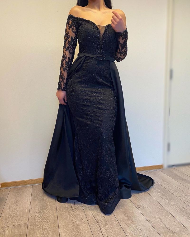 Ballbella offers Long Sleevess Black A-line off-the-shoulder Evening Dresses On Sale at an affordable price from Satin to A-line Floor-length skirts. Shop for gorgeous Long Sleevess Prom Dresses, Evening Dresses, Mother dress collections for your big day.