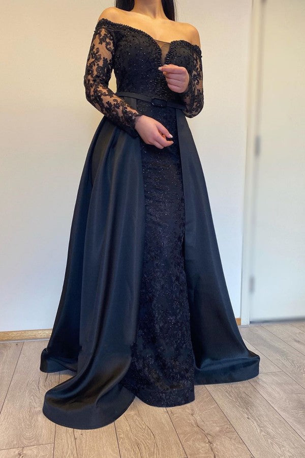 Long Sleevess Black A-line off-the-shoulder Evening Dresses-Ballbella