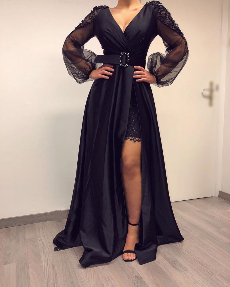 Ballbella offers Long Sleevess Black V-neck High Split Bishop sleeves Evening Dresses On Sale at an affordable price from Satin to A-line Floor-length skirts. Shop for gorgeous Long Sleevess Prom Dresses, Evening Dresses collections for your big day.