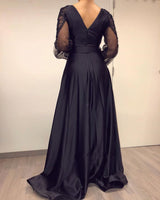 Long Sleevess Black V-neck High Split Bishop sleeves Evening Dresses-Ballbella