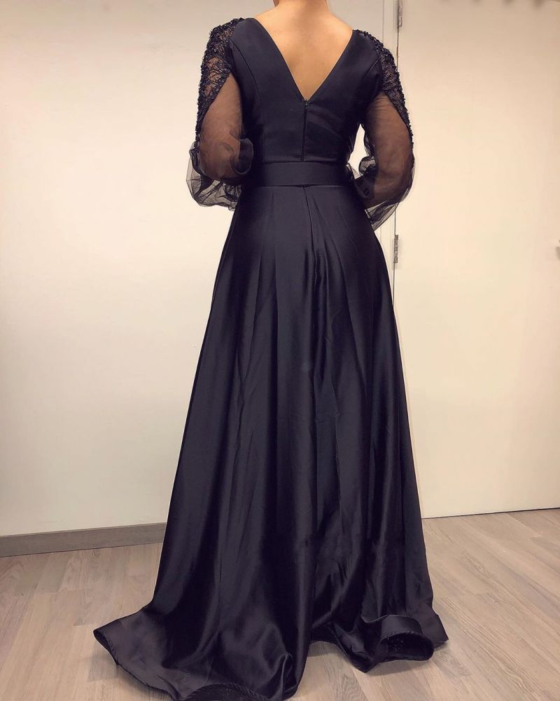 Long Sleevess Black V-neck High Split Bishop sleeves Evening Dresses-Ballbella