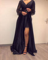 Long Sleevess Black V-neck High Split Bishop sleeves Evening Dresses-Ballbella