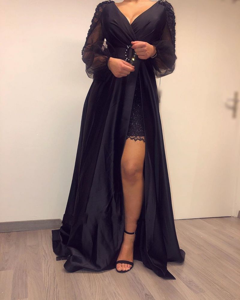 Long Sleevess Black V-neck High Split Bishop sleeves Evening Dresses-Ballbella