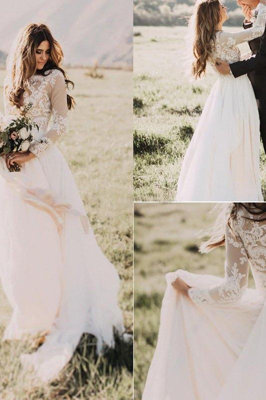 Long Sleevess Floor Length Applique Tulle A Line Scoop Wedding Dresses-Ballbella