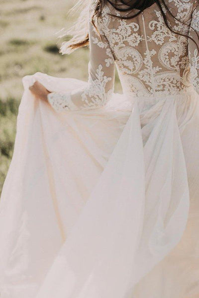 a-line scoop long sleeves floor-length with applique tulle dresses Casual Floor-length Long Sleeve Tulle A Line Open Back Wedding Dress w DorrisDress