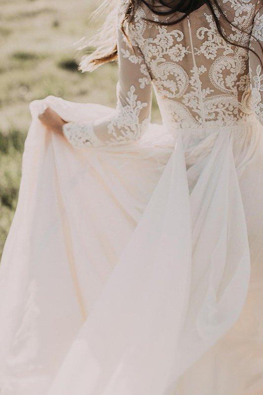 Long Sleevess Floor Length Applique Tulle A Line Scoop Wedding Dresses Long Sleevess Floor Length Applique Tulle A Line Scoop Wedding Dresses