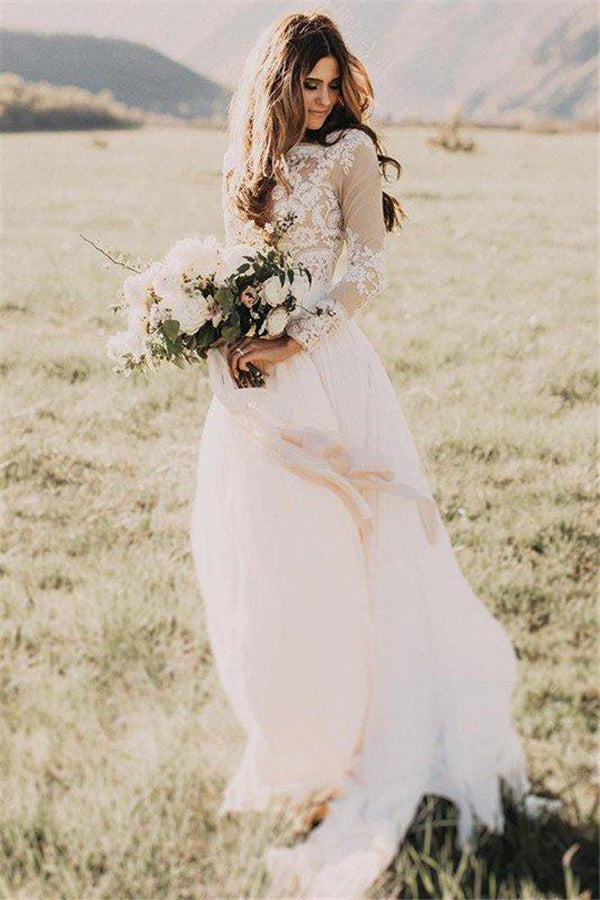 Long Sleevess Floor Length Applique Tulle A Line Scoop Wedding Dresses-Ballbella