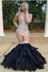 Long Sleevess Lace Appliques Illusion Fur Train Mermaid Silver Prom Dresses-Ballbella