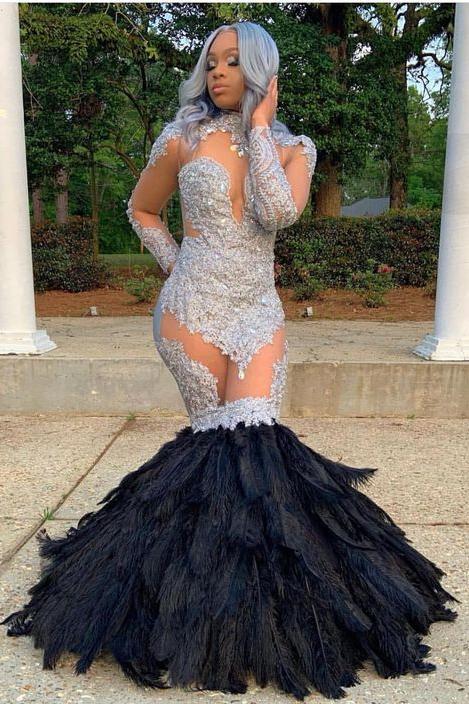 Long Sleevess Lace Appliques Illusion Fur Train Mermaid Silver Prom Dresses-Ballbella