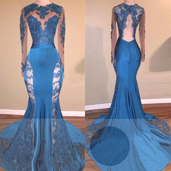 Looking for Prom Dresses, Evening Dresses in Stretch Satin,  Mermaid style,  and Gorgeous Lace work? Ballbella has all covered on this elegant Long Sleevess Lace Appliques Open Back Brush Train Mermaid Prom Gowns.