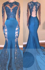 Looking for Prom Dresses, Evening Dresses in Stretch Satin,  Mermaid style,  and Gorgeous Lace work? Ballbella has all covered on this elegant Long Sleevess Lace Appliques Open Back Brush Train Mermaid Prom Gowns.